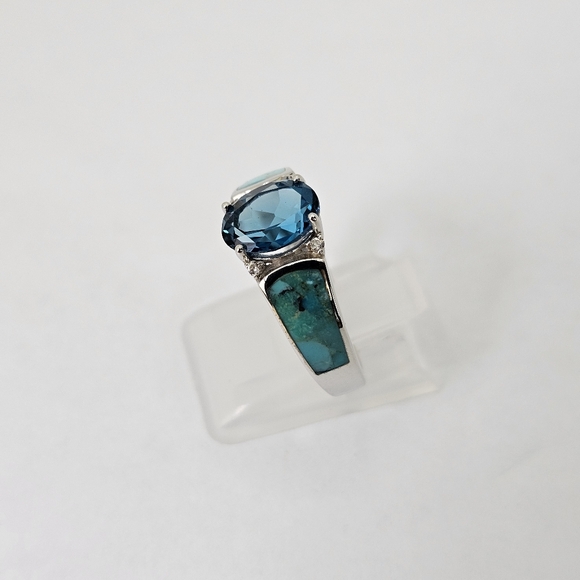 Genuine London Blue Topaz & Turquoise Ring Sterling Silver Size 7 NEW - Picture 4 of 7